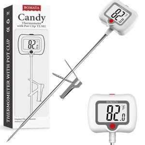 BOMATA Digital Candy Thermometer with Pot Clip, 8" Long Probe, Rotating Display, High Accuracy Instant Read Thermometer for Candy Making, Food, Candle making, Liquids, Cooking, Baking, Grilling. White