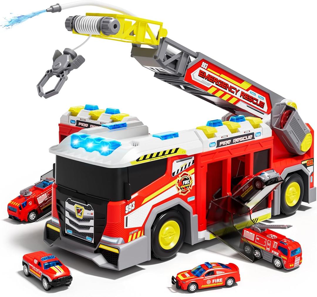 2025 Fire Truck Toys for Toddler Boys, Large 13.5-inch Fire Truck with Ladder & 6 Alloy Cars, Big Emergency Trucks with Lights, Sounds & Water Spray, Kids Toys for Boys 3 4 5 6 Years Old (Red)