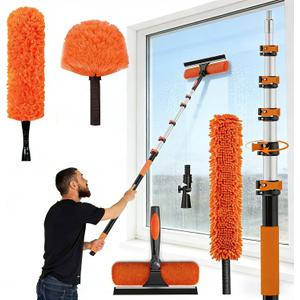 30FT Reach Duster Kit, Window Cleaning with 5-24FT Telescoping Extension Pole, High Ceiling Duster, Microfiber Feather Duster, Cobweb Duster, Window Squeegee, Feather Duster, Extendable Pole Kit