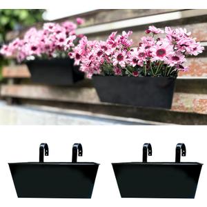 LaLaGreen Railing Hanging Planters (2 Pack, 16 Inch) Large Black Metal Strawberry Flower Pots Outdoor Countryside Modern Rectangle Succulent Planter with Drainage Holes Hanger Balcony Deck Fence Porch