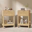 Nasonet Night Stand Set 2, Fluted Nightstand with Charging Station, Wood Bedside Table with Drawer & Storage Shelf, Modern End Tables for Bedroom Sofa Couch Office, Natural Oak