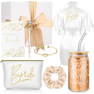 Irenare 8 Pcs Bride Gifts Set for Bridal Shower Bachelorette Party Robe Cup Makeup Bag Bracelet Scrunchies Card Pen Gift Box(White)