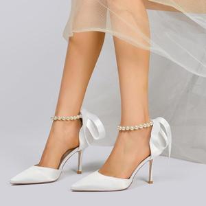 Women's Satin Bridal Shoes Pointed Toe High Heel Pumps with Pearl Ankle Strap and Bow Evening Party Dress Shoes Wedding Heels, US 6