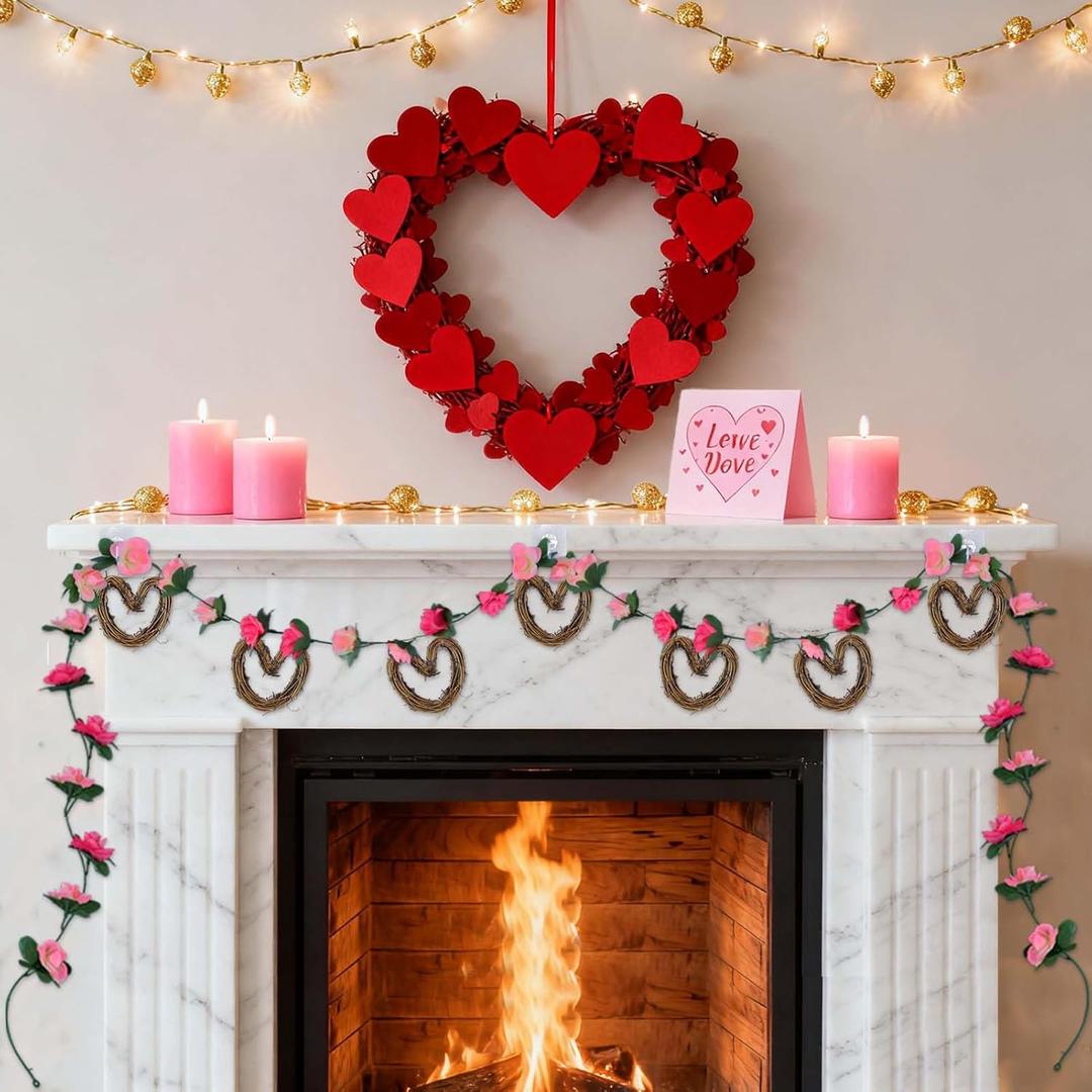 Valentine's Day Rattan Heart Garland, 7.5ft Artificial Rose Vine with Heart Ornament Floral Valentine's Day Banner Indoor Flower Outdoor Decorations for Mantel Fireplace Wall Home Farmhouse