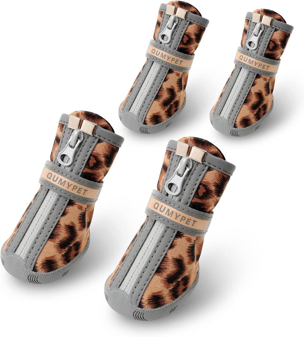 QUMY Dog Shoes for Small Dog, Puppy Dog Boots & Paw Protectors for Winter Snow Day, Summer Hot Pavement, Waterproof in Rainy Weather, Ourdoor Hiking, Indoor Hardfloor with Skid-Resistant Sole (size 5: 2.25"x1.78"(L*W), Leopard)