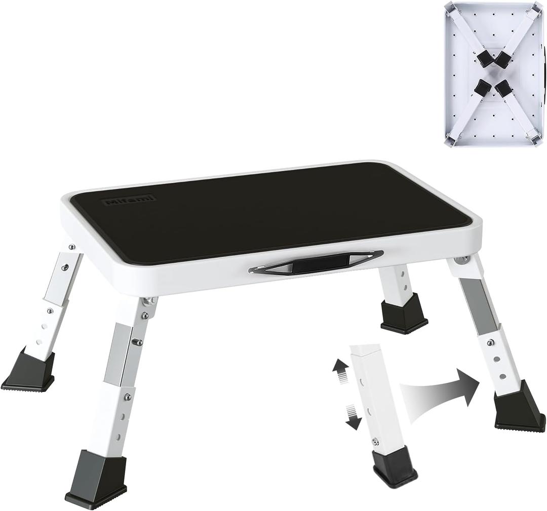 RV Step Stool Foldable Adjustable Height Sturdy Metal Stable Step Ladder with a Non-Slip Platform Camper Step Stool with Non-Slip Rubber Feet, Easy to Carry (White) (3-level)