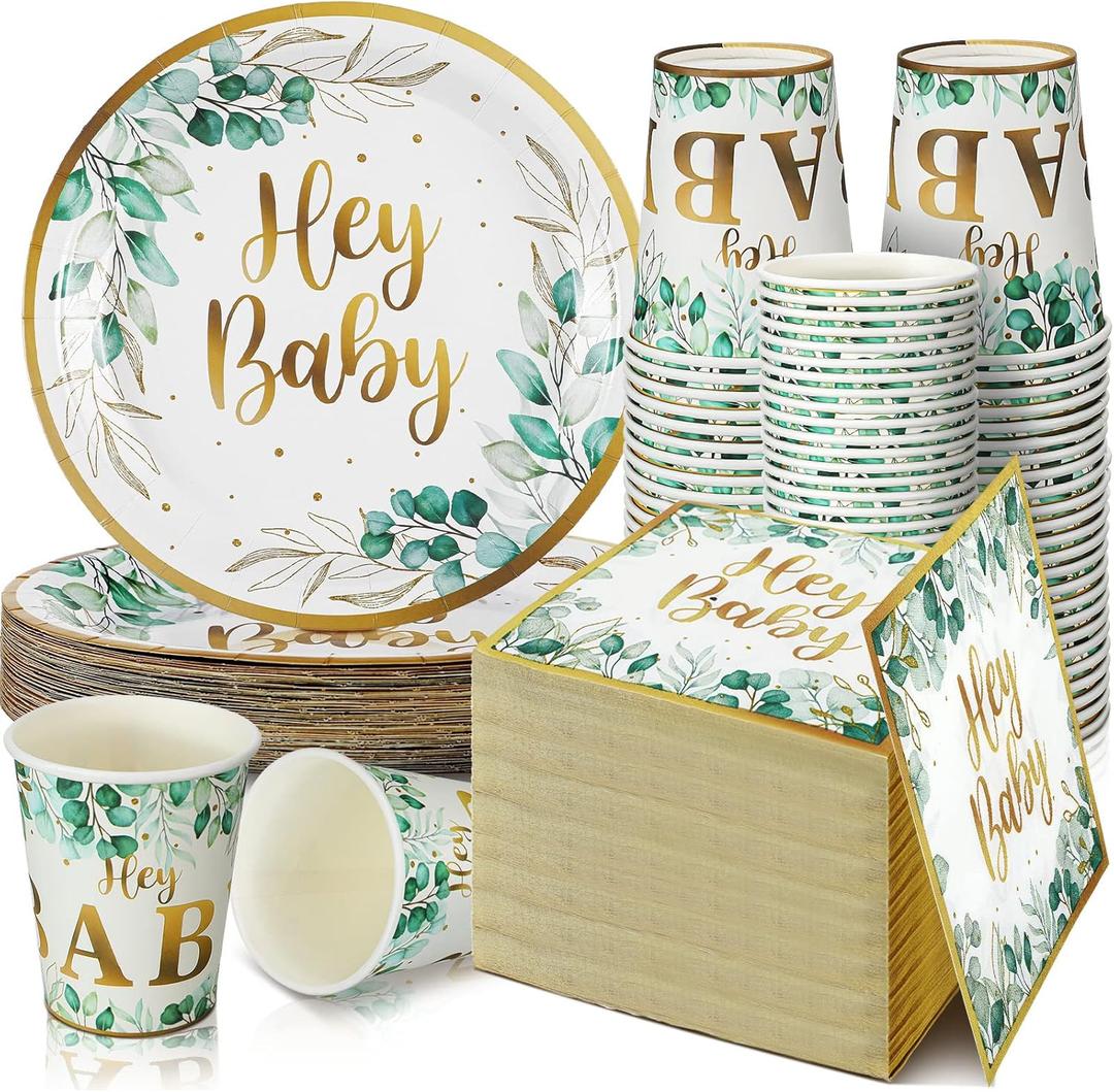 Skylety 200 PCS Sage Green Baby Shower Decorations Eucalyptus Disposable Plates and Cups and Napkins Sets Serves 50 Green Gold Plant Theme Plates for Baby Shower Gender Reveal Neutral Party Supplies