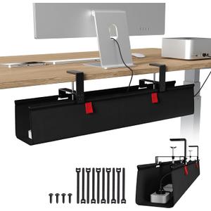 KEEGH No Drill Under Desk Cable Management Tray - 28" Cord Management Under Desk - Clamp/Screw Mount - Support Upto 70lbs - Fabric Wire Management - Gaming/PC Cable Tray Cord Hiders for Office/Home (Regular (28 Inch), Black)