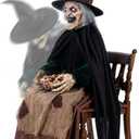 Hourleey Animated Halloween Witch Decorations, Sound & Motion Activated Sitting Witch with Glowing Eyes and Sound, Animatronics Scary Witch Decor for Porch Yard Haunted House Indoor Outdoor Party