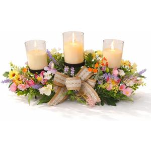 Floral Candle Holder Centerpiece for Table, 3 Candle Holders with Spring Floral Arrangement, Farmhouse Rustic Centerpiece for Dining Table, Wedding, Easter and Home Decor