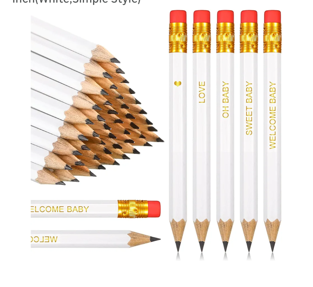 Crtiin 50 Pieces Baby Shower Pencils for Activities Mini Golf Half Pencils, Presharpened with Erasers, 4 Inch(White,Simple Style)