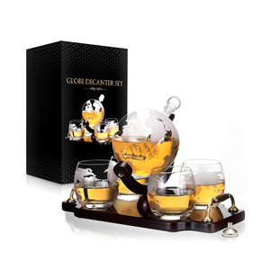 Flybold Whiskey Globe Decanter and Glass Set Antique Ship Masterpiece Great Gift for Men 28 oz 850 ml 4 globe Glasses for Whisky Brandy Scotch Bourbon