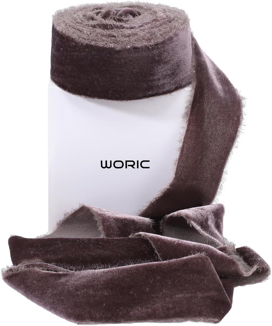 woric Brown Velvet Ribbon 1 1/2 Inch 5 Yards Frayed Velvet Valentines Ribbon for Wedding Flower Bouquet Gift Wrapping Wreath Valentines Day Gifts Home Decorations