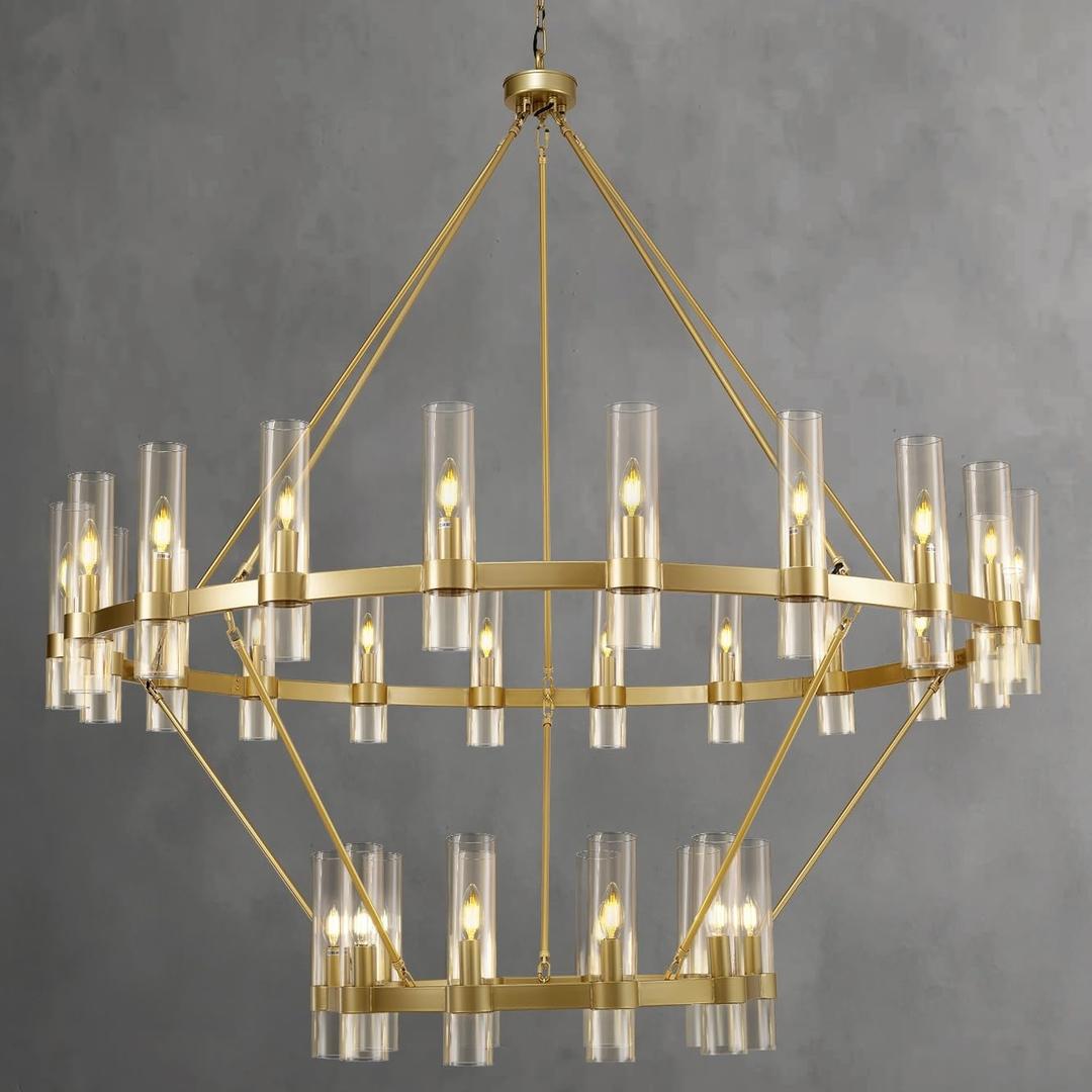 Gold Wagon Wheel Chandelier 2 Tier, 60 Inch Chandeliers with Glass Shade, 30-Light Large Chandelier for High Ceiling, Modern Farmhouse Chandeliers for Living Room, Dining Room, Entryway and Staircase