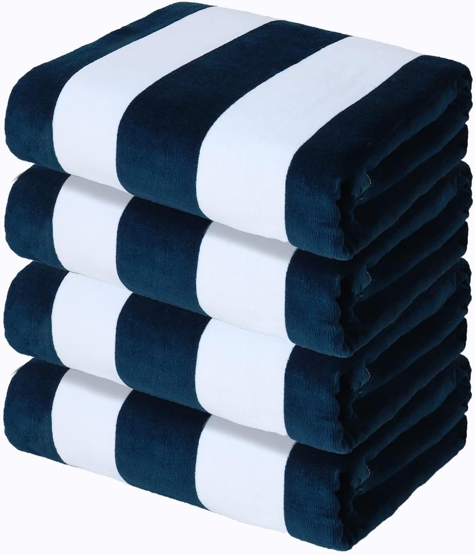 Exclusivo Mezcla 4 Pack Cotton Oversized 35x70 Inches Soft Cabana Stripe Thick Beach Towel, Super Absorbent Travel Bath Pool Towel (Dark Navy)