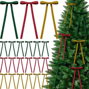 Chuangdi 30 Pcs Vintage Velvet Ribbon Bows Ornaments 5x9 in Colorful Pre-Tied Long Christmas Velvet Bows Tree Decorations Double Faced Gift Wrapping Bow for Wreath Garland Staircase Home Decoration (Red,green,gold)