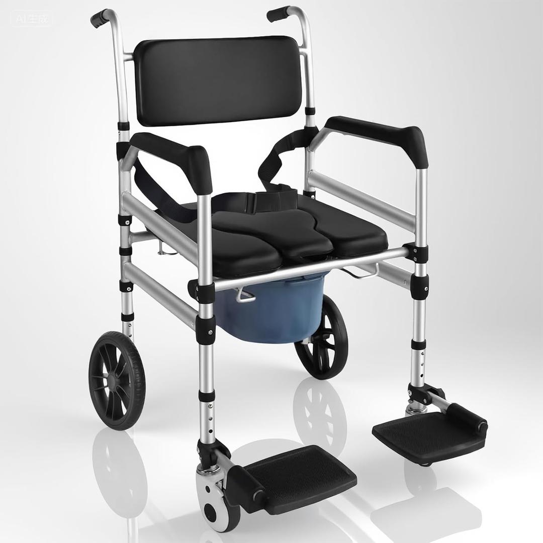 Heavy-Duty Rolling Shower Wheelchair Multifunctional,4-in-1 Commode Chair with 10" Solid Wheels & Safety Straps for Elderly and Disabled,Shower Chair with Bucket, Waterproof Padded Seat