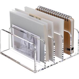 SANRUI Clear Desktop File Organizer, 5 Compartments Acrylic Office Document Sorter Mails Storage, Multifunction Letter Folder Racks Holders for Office,Home, School Desk Organization