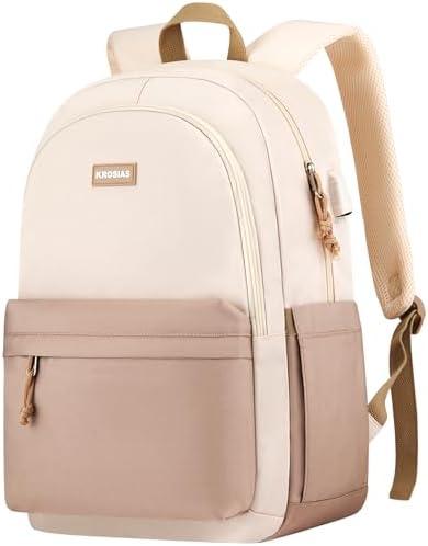 KROSIAS School Backpack for Teens Girls, Cute Student Bookbag Large 15.6 Inch Laptop Bag Aesthetic College Backpacks for Women High School Travel (Khaki Beige)