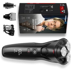 Men's 3-in-1 Electric Shaver & Trimmer Kit: Turbo Speed for a Close Shave, IPX7 Waterproof, Complete Travel Grooming Set for Beard, Nose & Sideburns
