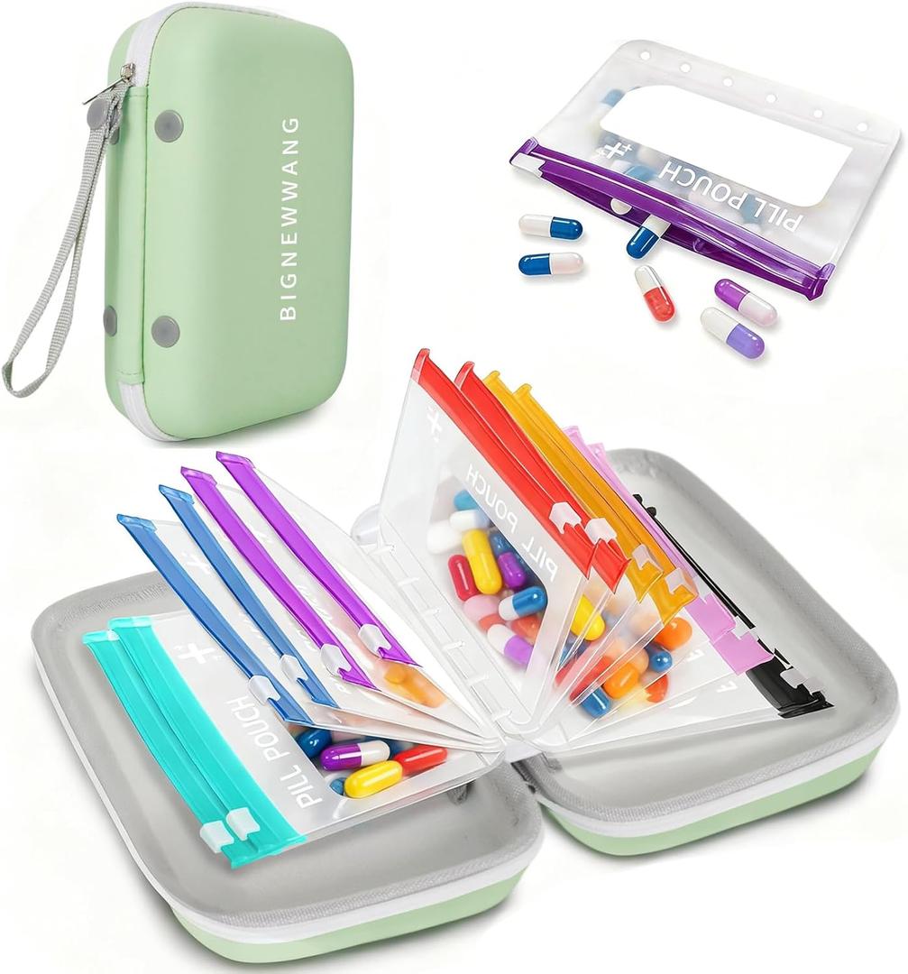 Extra Large Weekly Pill Organizer Set, Reusable Pill Bags with 14 Coded Pouches for Home and Travel, 7 Day with AM PM Large Storage Portable Medicine Pill Case for Fish Oils, Vitamins (Green)