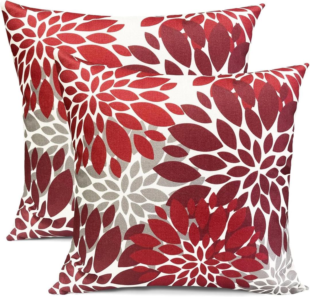 Decorative Throw Pillow Covers Set of 2 Wine Red Pillow Covers 16x16 Inch Couch Pillow Covers for Sofa Living Room Outdoor Throw Pillow Cover Linen Square Floral Flower Farmhouse Pillowcase