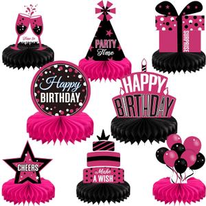 Pajean 8 Pieces Pink and Black Birthday Party Honeycomb Centerpieces Pink and Black Table Centerpieces Decorations Table Centerpiece Sign for Kids Adults Party Supplies (Classic)