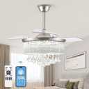 LEDIARY 42 Inch Chandelier Ceiling Fans with Lights and Remote, Retractable Fandelier Ceiling Fan, Crystal Fan for Bedroom Indoor Decoration, 3 Color Changeable, Dimmable, Timer Setting, Brush Nickel