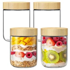 qiaomifeng 4 Pack 16oz Glass Jars with Bamboo Lids, Overnight Oats Containers with Airtight Lids, Storage Containers Wide Mouth Mason jars for Salad,Yogurt, Sugar, Snacks, Spices