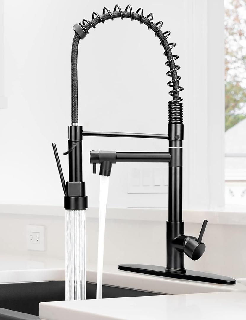 Kitchen Sink Faucet,Black Kitchen Faucet with Sprayer,Tall Kitchen Faucet with Pull Down Sprayer,Serimer Commercial Solid Brass Spring Kitchen Faucets with Deck Plate,Modern Kitchen Faucet Matte Black