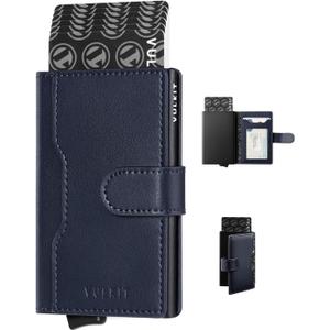 VULKIT Slim Bifold Pop up Wallet Minimalist Leather Card Holder RFID Blocking Metal Card Case with ID Window for Women | with Leather Slots, RFID Blocking, Slim, Metal Card Case (Navy)