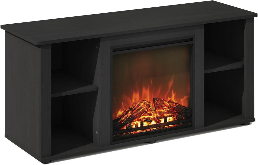 Furinno Jensen Fireplace TV Stand, NO Heat Decorative Electric Fireplace TV Stand for TV up to 55 Inch, with Open Storage, for Living Room, Americano