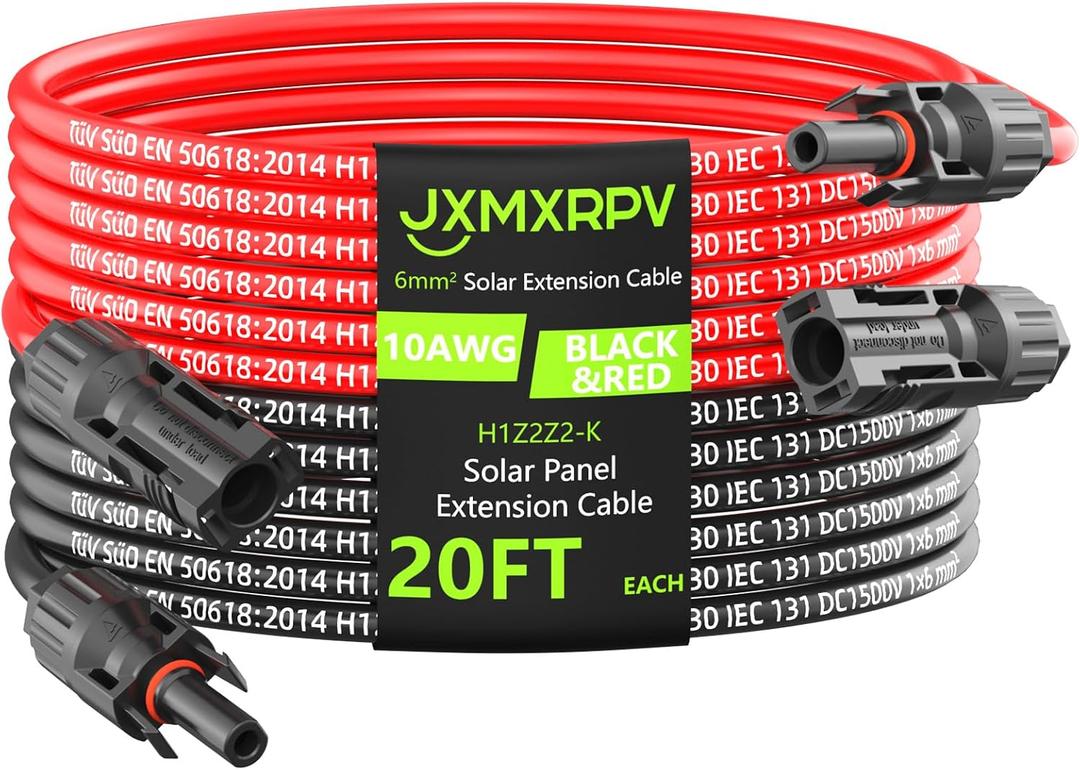 Solar Cable Extension 20Ft 10AWG, Solar Wire with Tool-Free Solar Connectors, Waterproof Solar Panel Extension Cable 6mm, PV Cable 10Gauge for Home Boat RV Solar Panels(20ft)