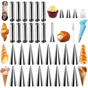 35pcs Cannoli Forms Tubes Kits, Cream Horn Mold, Non-stick Stainless Steel 16pcs Cone Shaped and 12pcs Tubular Shaped Baking Molds for Danish Pastry Lady Lock Form, Cream Roll, Croissant