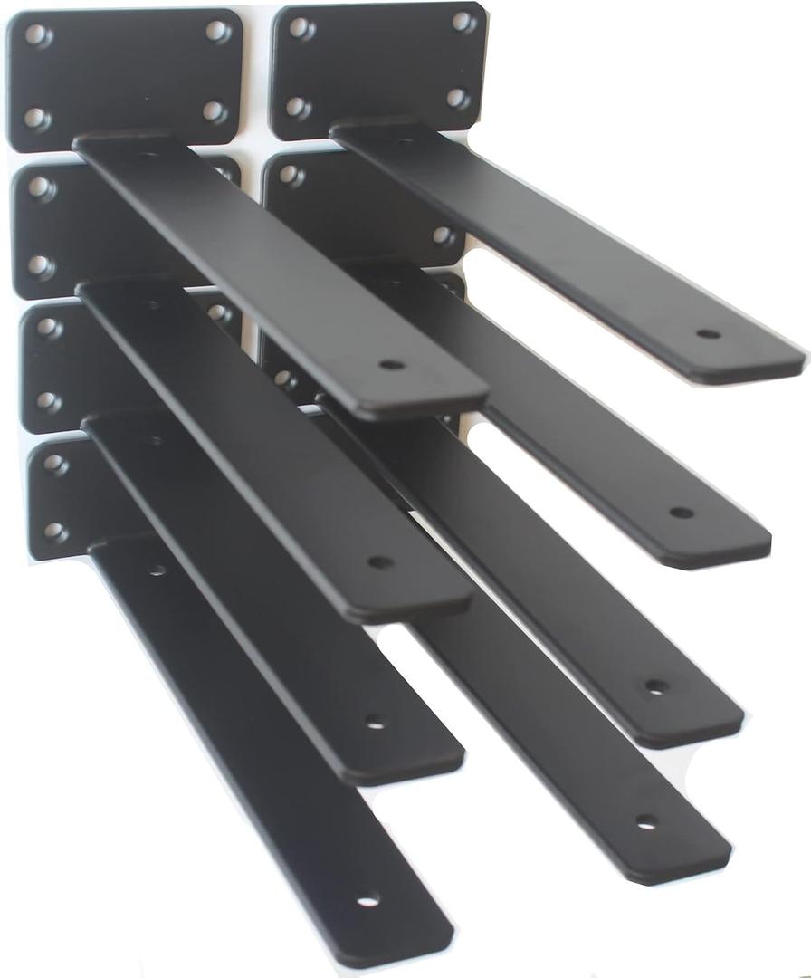8 Pack - 10 inch Black Hidden L Shelf Bracket (1/5 Inch Thicked) Iron Floating Shelf Brackets Rustic Industrial Metal Brackets for Shelf Support
