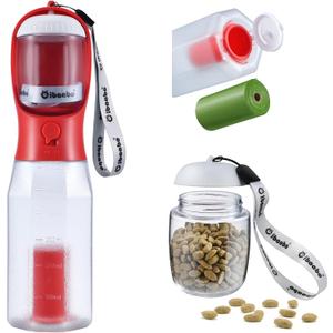 Dog Water Bottle with Food Container & Poop Bag Holder, Travel Water Bowl, Portable Pet Dispenser, Dog Gifts Stuff Accessories Items, Puppy Essentials for Yorkie Chihuahua Walking Hiking (20oz, #11 Red)