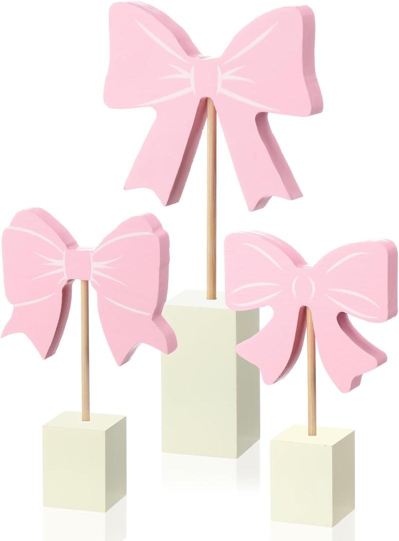 Chunful 3 Pcs Pink Bow Nursery Decor Wooden Sign Cute Coquette Room Party Shelf Decor with Base Aesthetic Standing Bowknot Table Sign Centerpiece for Nurseries Bedroom Dorm Desk Tabletop Accessories