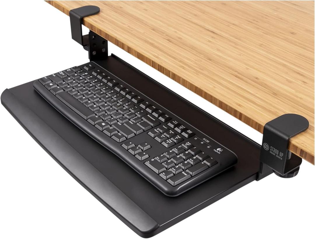 Stand Up Desk Store Compact Clamp-On Retractable Adjustable Height Under Desk Keyboard Tray | for Desks Up to 1.5" (Small, 24.5" Wide) (Black)