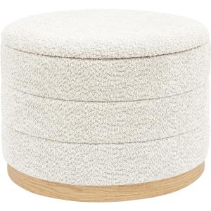 Round Storage Ottoman with Tray Lid, Folding Chenille Fabric Footrest with Hidden Storage, 22.8" Large Footstool Side Table for Dorm Living Room Bedroom, Wood Grain Base, Cream White, 22.8"D x 22.8"W x 17.3"H