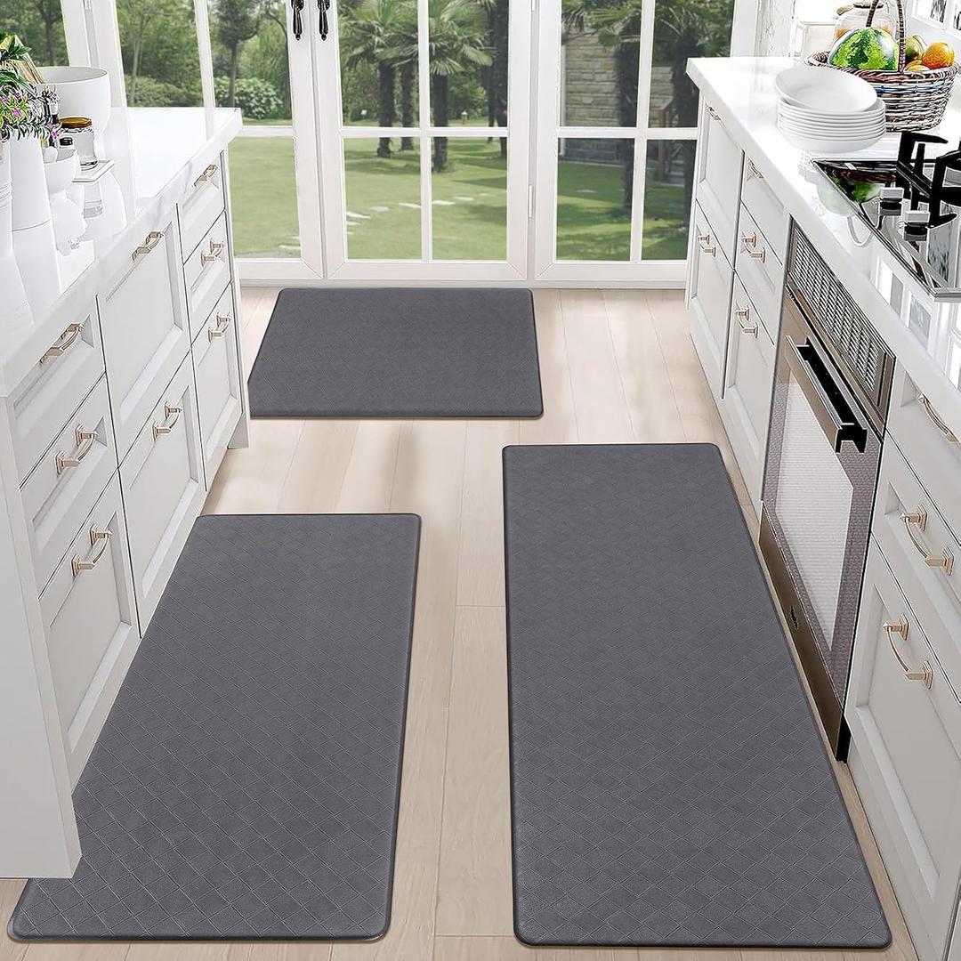 HEBE Anti Fatigue Kitchen Mats for Floor Set of 3 Cushioned Kitchen Rug Sets 3 Piece Non Slip Kitchen Rugs and Mats Waterproof Comfort Standing Mat Runner for Home Office,Sink,Laundry (17.3''x28''+17.3''x36''+17.3''x48'', Dark Grey)