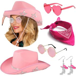 Cowgirl Outfits Star Cowboy Hat Sparkly Boots Earrings Bandana Sunglasses for Women Western Costume Accessories (Pink)