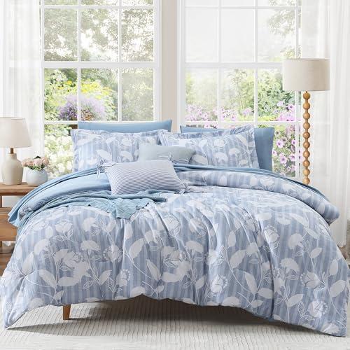 BLOOMHAVEN Queen Comforter Set -7 Pieces Blue Floral Comforter Set for All Seasons, Bed in a Bag Queen with Botanical Flowers Comforter, Sheets, Pillowcases & Shams