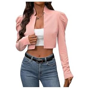 MakeMeChic Women's Business Casual Blazers Long Puff Sleeve Open Front Work Office Cropped Blazer Suit Jacket Pink Large