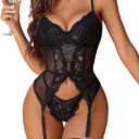 Avidlove Garter Lingerie for Women Floral Lace Babydoll Bodysuit Bra and Panty Set (Small, Black)