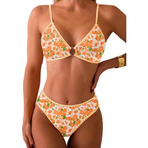 Tainehs Women's Two Piece Bikini Sets O Ring Front Top Ditsy Floral Triangle Swimsuits Cheeky Bathing Suit (Large)