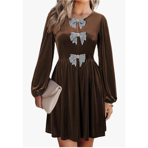 Happy Sailed Womens Velvet Dress Fall Winter Long Sleeve Bowknot High Waisted A Line Cocktail Dresses for Wedding Guest, Large