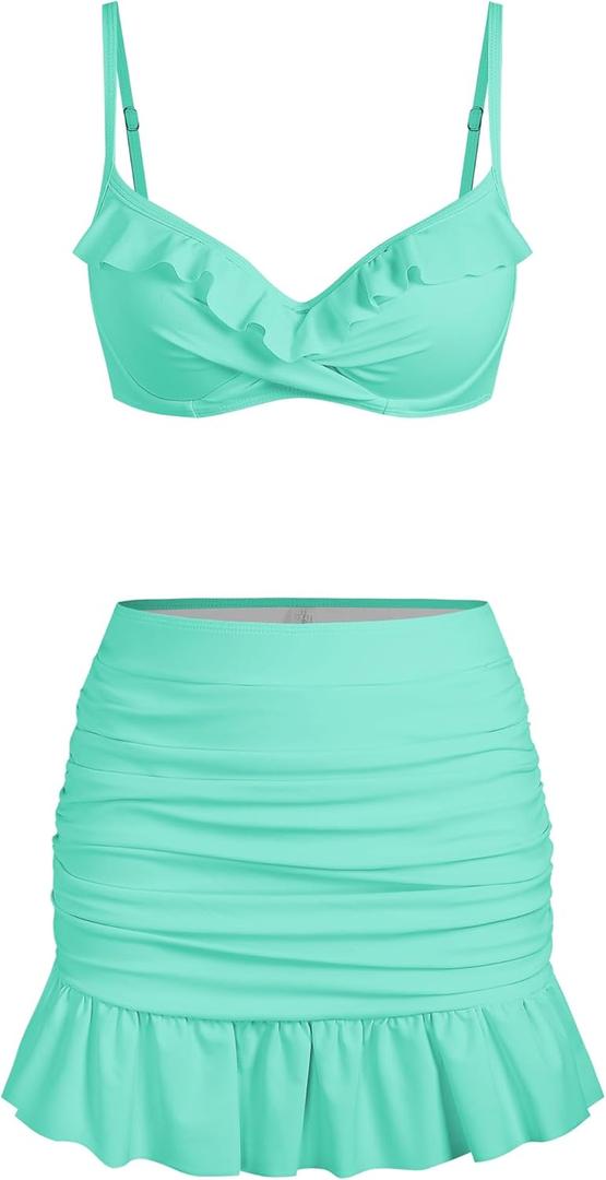 ZAFUL Women's Push Up Bikini with Ruched Skirt Ruffle Trim Low Waisted 2 Piece Swimsuit Bathing Suit (Large, 0-lake Blue)