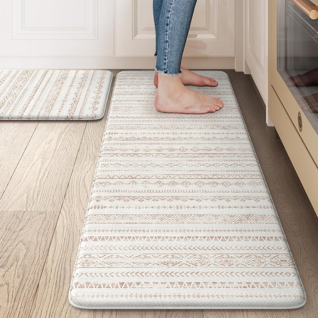 Anti Fatigue Kitchen Mats for Floor, Non Slip Kitchen Mats and Rugs, Memory Foam Kitchen Mat, Heavy Duty Ergonomic Comfort Rugs for Kitchen Floor, Office, Sink, Khaki (17" X 29.5"+17" X 47.2")