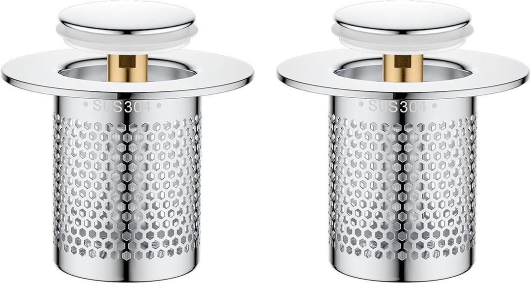 Bathroom Sink Stopper 2 Pack Pop-Up Drain Stopper and Hair Catcher Universal Sink Strainer with Removable Filter for 1.1 to 1.96 Inch Sewers Durable Brass Core, Easy to Install.