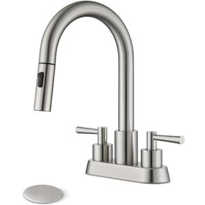 Bathroom Sink Faucet with Pull Out Sprayer 2 Handles, Brushed Nickel Pull Down Bathroom Faucet 3 Holes, 4 Inch Sink Faucet Bathroom, 360 Degree Swivel Spout, Pop Up Drain Assembly Included